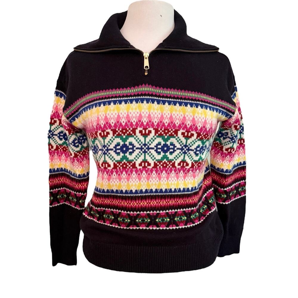 Talbots Black Half-Zip Mockneck Sweater Stripe Fair Isle Sp Preppy Nordic Wool